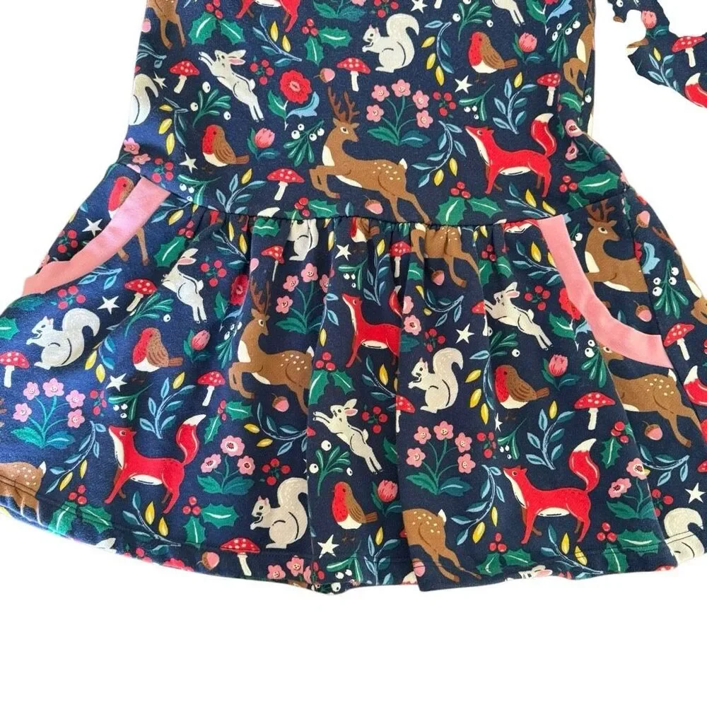 Mini Boden | Woodland Animal Dress Navy Fox Deer Print Long Sleeve | Girls 9-10Y